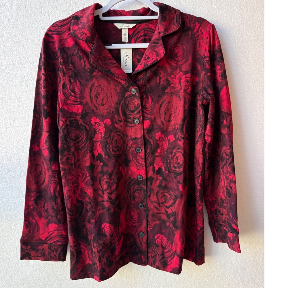 Soma Floral Notch Collar Long Sleeve Pajama Top Cotton Modal Sleepwear Red